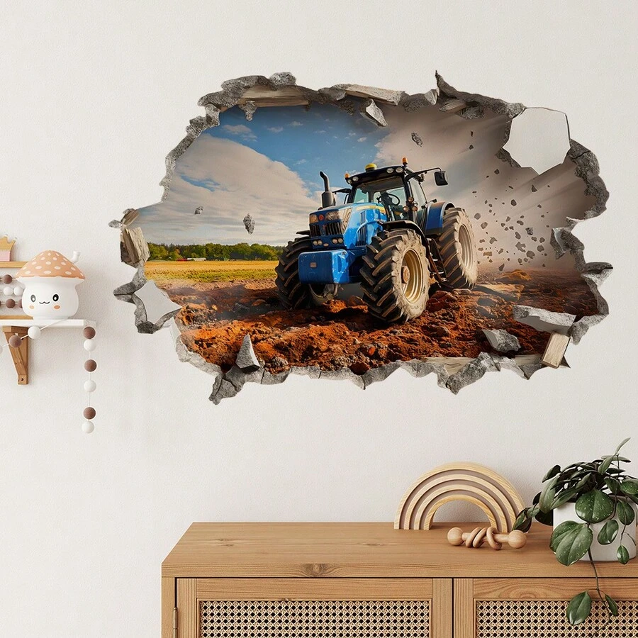 1pc Removable Tractor Wall Sticker, Realistic Farm Tractor Wall Decal, Waterproof Rustic Style Decoration, Suitable For Living Room And Kids Room - one-size - View 1