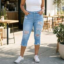 Women's Mid Rise Stretchy Ripped Denim Capri Pants Frayed Hem Casual Summer - 淺色水洗藍 - 查看 9