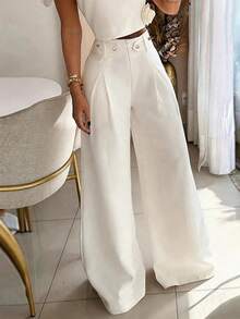 Quần ống rộng cạp cao dành cho nữ, kiểu dáng thanh lịch, thoải mái, phù hợp cho công sở và thường ngày, màu trắng mùa xuân. - trắng - Xem 3