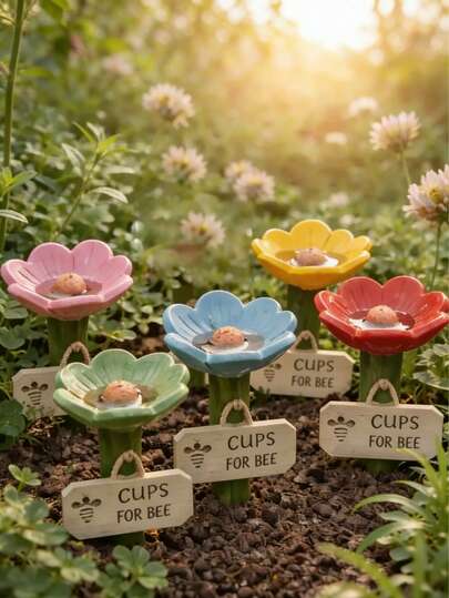 Set de 5 piezas Alimentador de flores multicolor en forma de abeja, estación de agua colgante para exteriores, bandeja de alimentación para apicultura, decoración de jardín, bebedero reutilizable para abejas, mariposas y colibríes