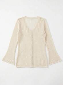 Korean Design V-Neck Tie Hollow Thin Knit Cardigan - Apricot - View 8