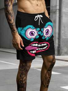 Men's Funny Monster Face Print Shorts, Casual Drawstring Waist Shorts, Beach Shorts - Multicolor - View 5