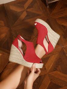 Velvet Fashion Button Closure Jute Rope Stylish Lightweight Wedge Shoes For Women - Red - View 3
