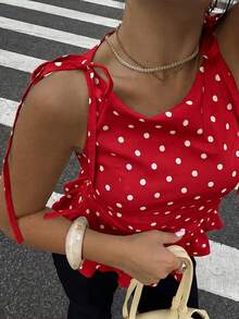 Nueva llegada Elegante y de moda Blusa casual sin mangas para mujer con volantes y lunares, adecuada para uso diario, ir al trabajo, citas sexys, todas las estaciones Rojo - Rojo - Ver 3