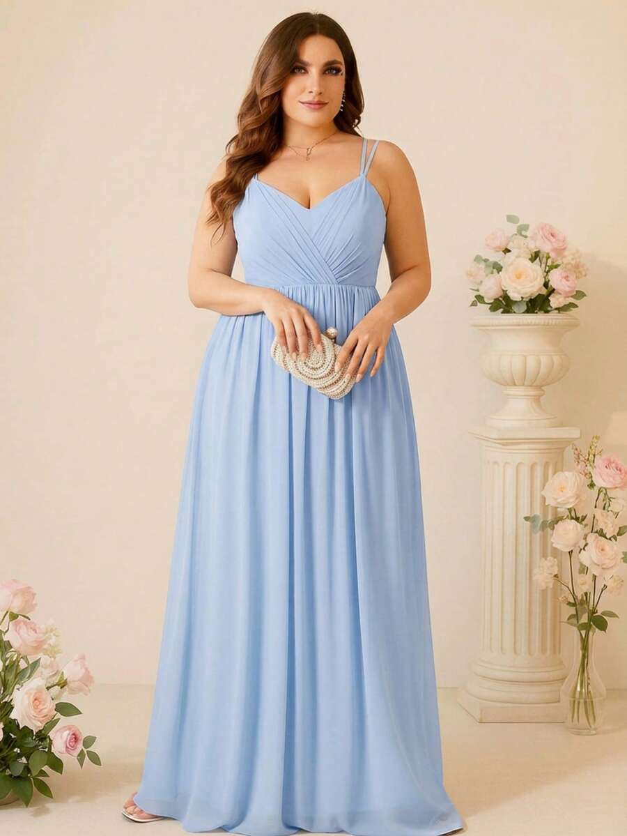 EVERPRETTY Plus Size Backless Chiffon Sleeveless Deep V-Neck Bridesmaid Dress, Light Blue, Spring/Summer Party Wedding - Baby Blue - View 1