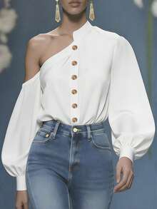Blusa de mujer elegante de manga larga con un hombro, con botones dorados, de tela tejida, color blanco, para primavera - Blanco - Ver 3