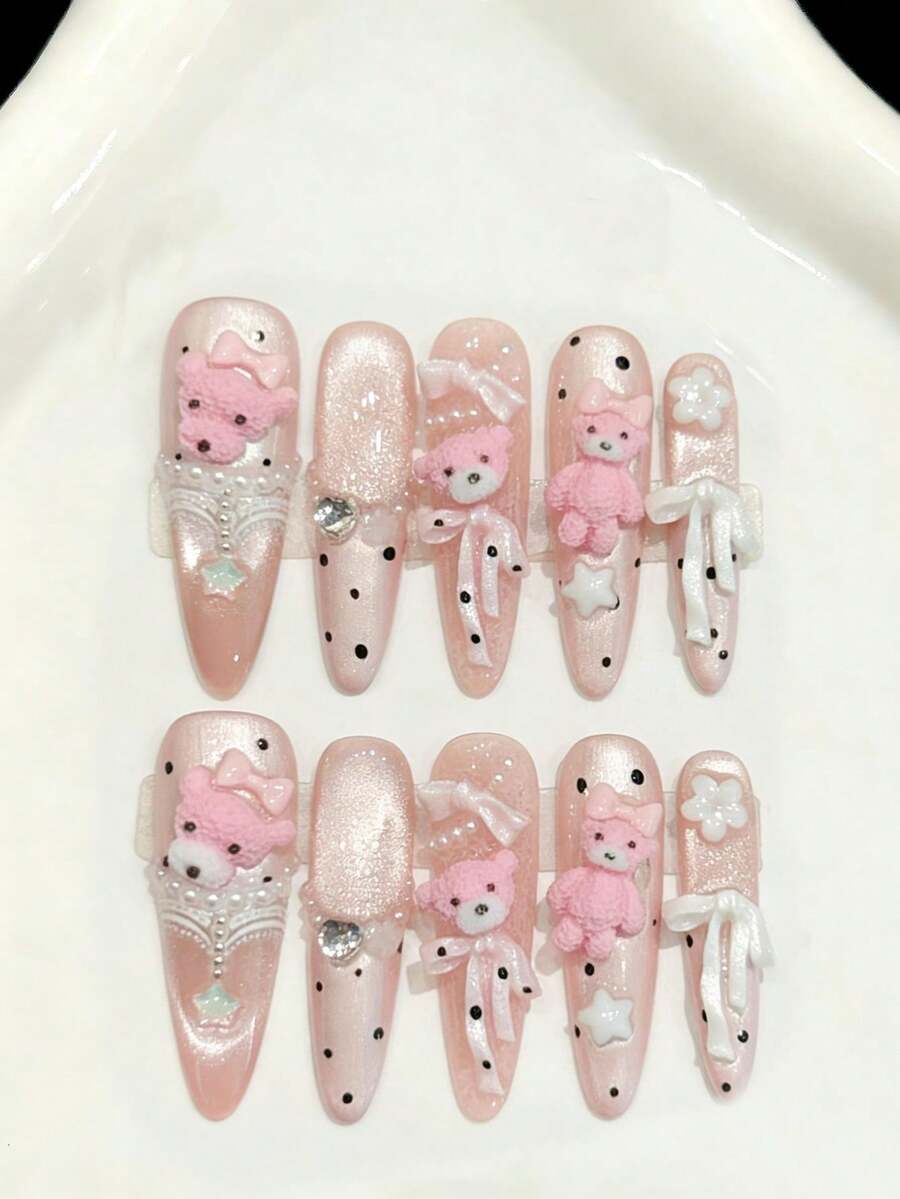 10片装长款尖头手工美甲贴片，适合派对和日常佩戴，粉色系，蝴蝶结图案，长款尖头美甲贴片，可爱小熊甜美卡通长款手工美甲贴片，闪亮猫眼图案，易于佩戴。10片装Y2K风格手工美甲贴片，闪亮夺目，夏季美甲，夏日风情，适合女孩和女士参加节日派对和日常佩戴。