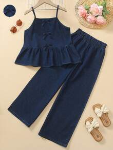 2pcs/Set Tween GirlsFashionable Denim Outfit, Includes Bowknot Camisole Top And Wide Leg Jeans Pants, Summer - Dark Wash - View 1