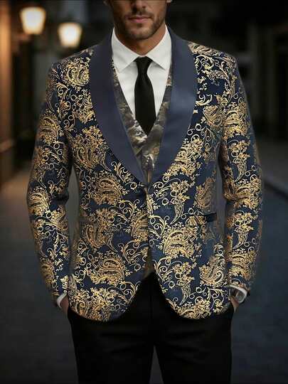 Men's Gold Foil Suit Jacket, Wedding Host Groomsman Formal Wear, Stage Performance Attire