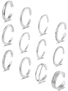 12件套波西米亚风18K镀金多款立方氧化锆可调节脚趾戒指套装，适合女性夏季海滩及日常佩戴 - 銀色 - 查看 13