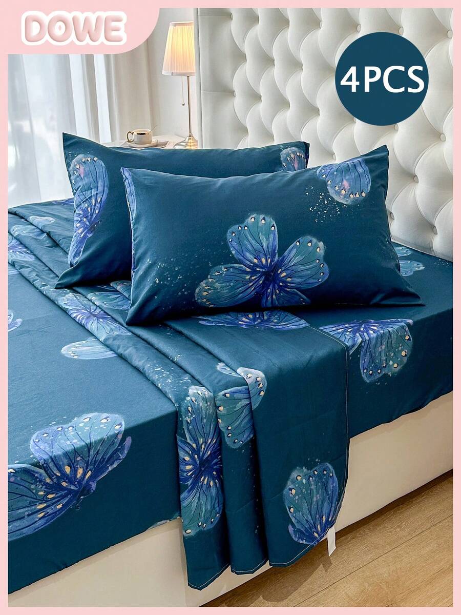 Juego de 4 piezas, 100% poliéster, juego de ropa de cama con estampado de mariposas (2 fundas de almohada + 1 sábana plana + 1 sábana ajustable), bolsillo de 35 cm de profundidad, suave y transpirable, adecuado para todas las estaciones, estilo minimalista - Multicolor - Ver 1