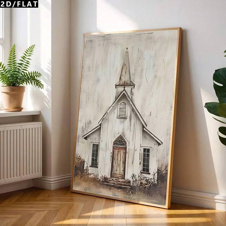 2D/FLAT 1PC Cartoon Retro Realistic Art Style Rural Church Oil Painting Canvas Wall Decor, Simple Style Home Print Poster Image Room Decor, Walking, Study Room, Bedroom Wall Decor, Autumn Decor(No Frame/Framed)