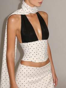 Women's Sexy Halter Neck Crop Top Sleeveless Backless Polka Dot Knitted Fabric For Party Style - 黑與白 - 查看 8