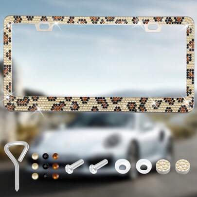 2 Stücke Glitzer Kennzeichenhalter, funkelnde Kennzeichenabdeckung mit facettenreichen Strass Leopardenmuster