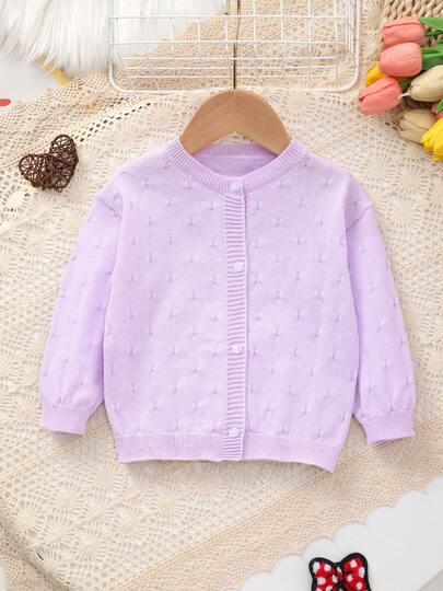 Áo khoác cardigan dệt kim cổ tròn, màu trơn cho bé gái