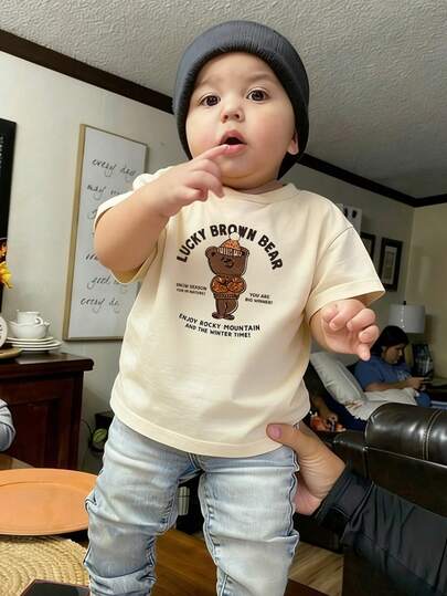1件婴儿/幼儿男童创意卡通图案字母标语印花基本款圆领短袖T恤，休闲时尚