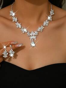 Women's Three Pieces Bridal Wedding Necklace Earring Set & Wedding Party Exquisite Accessory Combination - Silver - View 5