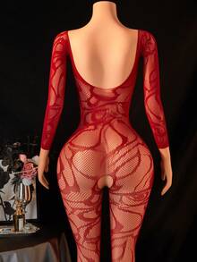 1件装女士性感内衣渔网连体衣，无裆连体衣，镂空透视长袖，性感女郎装扮，比基尼罩衫，性感派对角色扮演服装，情人节 - 酒紅色 - 查看 2