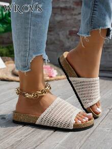 WRCVS 銀色編織女款平底涼鞋，透氣鏤空單條帶拖鞋，軟木底防滑沙灘鞋，波希米亞風度假鞋 - 米色 - 查看 3