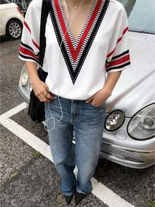 Women's Fashion V-Neck Short Sleeve T-Shirt, Decorated With Striking Red And Black Stripes, Casual Woven Fabric, Suitable For Daily Wear White Summer - White - View 3