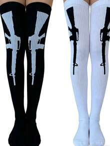 男女通用纯色极简街头风过膝袜，神秘派对庆典条纹及膝袜 - 黑與白 - 查看 4