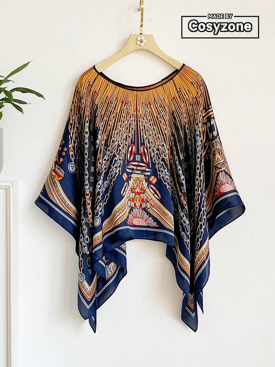 1 chiếc khăn choàng/khăn quàng cổ bằng chiffon nhẹ, thời trang và đa năng, in họa tiết dây xích thanh lịch dành cho nữ, thích hợp cho bãi biển, chống nắng, trang trí trang phục thường ngày, kỳ nghỉ. - Màu xanh hải quân - Xem 1