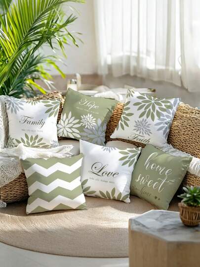1/6Pcs Boho Sage Green & White Family Love Home & Floral Leaf Decorative Cushion Cases Spring Floral Throw Pillow Covers 18x18, Soft Linen Cushion Cases With Wildflower & Butterfly Design For Farmhouse Home Decor