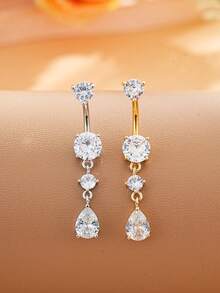 1pc Stainless Steel Water Drop 3-Segment Zirconia Belly Button Ring, Sexy Piercing Jewelry For Women - 1 - View 1