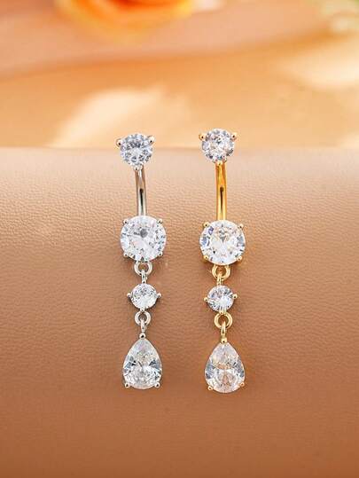 1pc Stainless Steel Water Drop 3-Segment Zirconia Belly Button Ring, Sexy Piercing Jewelry For Women