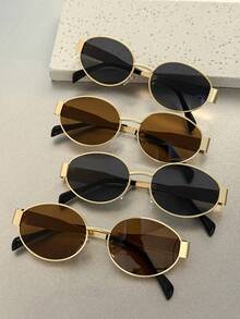 4 piezas Gafas con montura metálica ovalada de estampado de leopardo, estilo minimalista moderno, diseño de moda para mujer, adecuado para vacaciones en la playa tropical, vida diaria, vuelta al colegio, carnaval, ocio al aire libre, compras, se adapta a todos los tipos de rostro - Multicolor - Ver 1