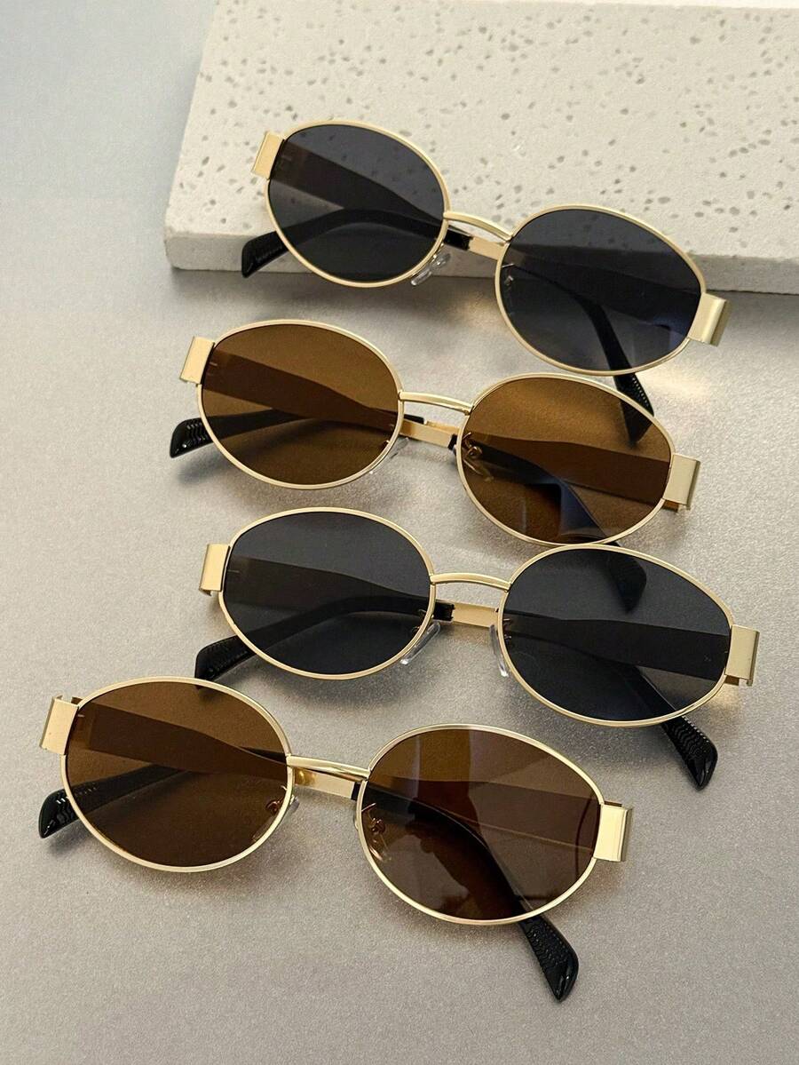 4 piezas Gafas con montura metálica ovalada de estampado de leopardo, estilo minimalista moderno, diseño de moda para mujer, adecuado para vacaciones en la playa tropical, vida diaria, vuelta al colegio, carnaval, ocio al aire libre, compras, se adapta a todos los tipos de rostro - Multicolor - Ver 1
