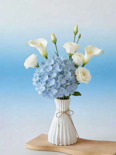 1个高级花瓶，现代简约波浪纹理桌面摆件，波西米亚风家居中心装饰品，适用于客厅、卧室、办公室，白色褶皱设计，饰以亚麻绳细节，美观的房间装饰，农舍风格花盆，玄关桌装饰，简约人造花卉植物盆栽