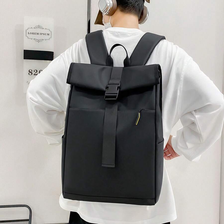 Large Capacity Roll-Top Backpack, Outdoor Casual Sports Backpack For Men - Black - View 1