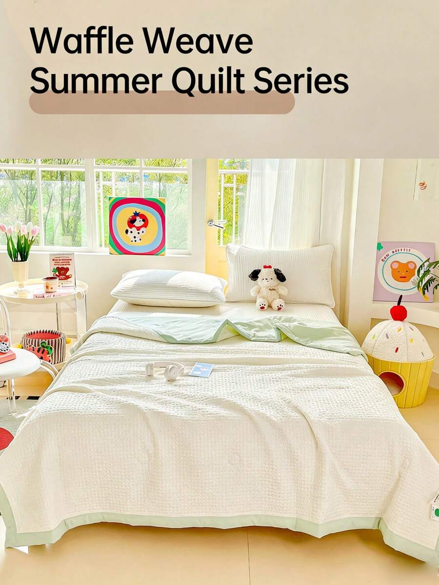 Soft Quilted Waffle Blanket, Moisture-Wicking & Breathable, Lightweight Summer Quilt, Fashionable Printed Comforter, Filled With Feather-Soft Cotton. Healthy Dyed, Water-Resistant, Waffle Fabric Washed Crafted, Soft & Skin-Friendly, Suitable For Nude Sleeping, Home & Bedroom Decor, 100% Polyester Material, Wedding Supplies, Valentine's Day Home & Bedroom Decor, Easter Gifts, Mother's Day Gifts, Suitable For All Seasons - White and Green - View 1
