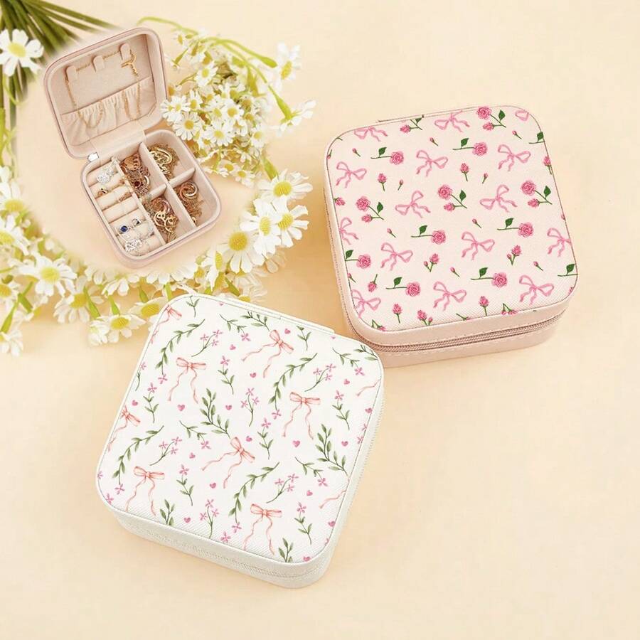 1 hộp đựng trang sức du lịch | Hộp đựng trang sức | Hộp đựng trang sức du lịch dành cho nữ | Hộp đựng trang sức du lịch | Hộp đựng trang sức họa tiết hoa | Hộp sắp xếp trang sức | Hộp đựng trang sức màu hồng - Cây cung - Xem 1