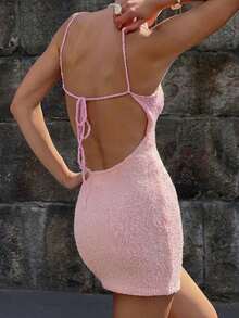 Women's Pink Tie-Up Backless Mini Dress, Suitable For Travel & Vacation - Pink - View 5
