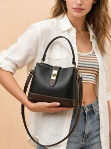 [PIANEE] 设计师款黑棕色水桶包 - 金色锁扣，可拆卸肩带，时尚简约手提包，适合时尚爱好者 - 黑色 - 查看 1