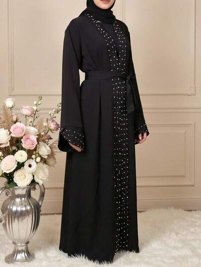 1pc Women's Ramadan Abaya - Black Long Sleeve Dress, Featuring White Beaded Trim On Front And Cuffs, Made Of Smooth Woven Fabric, Elegant And Suitable For Ramadan Eid Gatherings And Celebrations