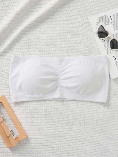 Girls' 1pc White Seamless Bandeau Bra, 9-12Y Teen Strapless Padded Bralette, Skin-Friendly Essential Puberty Underwear