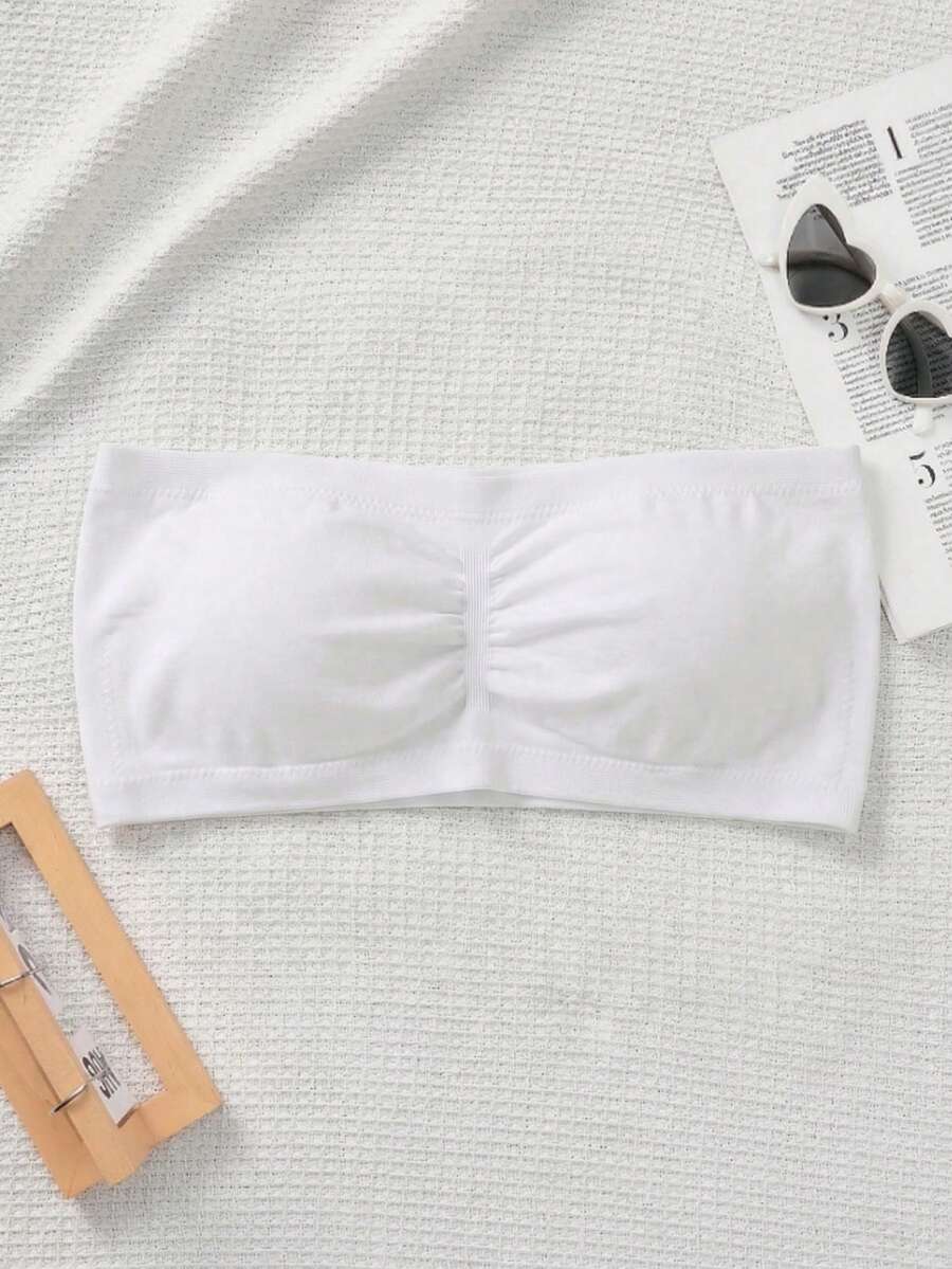 女童白色无缝抹胸文胸,9-12岁青少年无肩带加厚文胸,亲肤青春期必备内衣 - 白色 - 查看 1