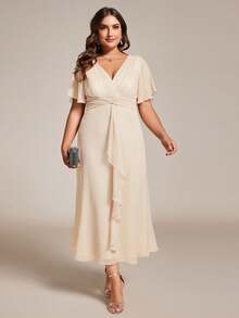 EVERPRETTY Vestido de dama de honor champán con cuello en V elegante, mangas con volantes, cintura plisada, adecuado para invitados de boda, fiesta, madre de la novia, primavera/verano, talla grande - Champán - Ver 6