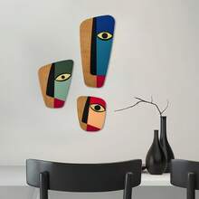 3 piezas Decoración de pared de madera con forma de cara, estilo cubista y diseño geométrico de retazos de colores, adecuado para decoración de fiestas, decoración de pared, dormitorio, baño, regalo perfecto para familia y amigos - Multicolor - Ver 2