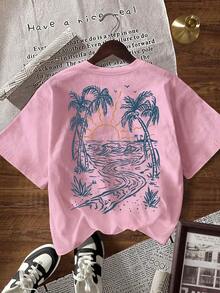 Camiseta informal de mujer de manga corta, cuello redondo y ajuste holgado con estampado de letras, para el verano - Rosa Pálido - Ver 6