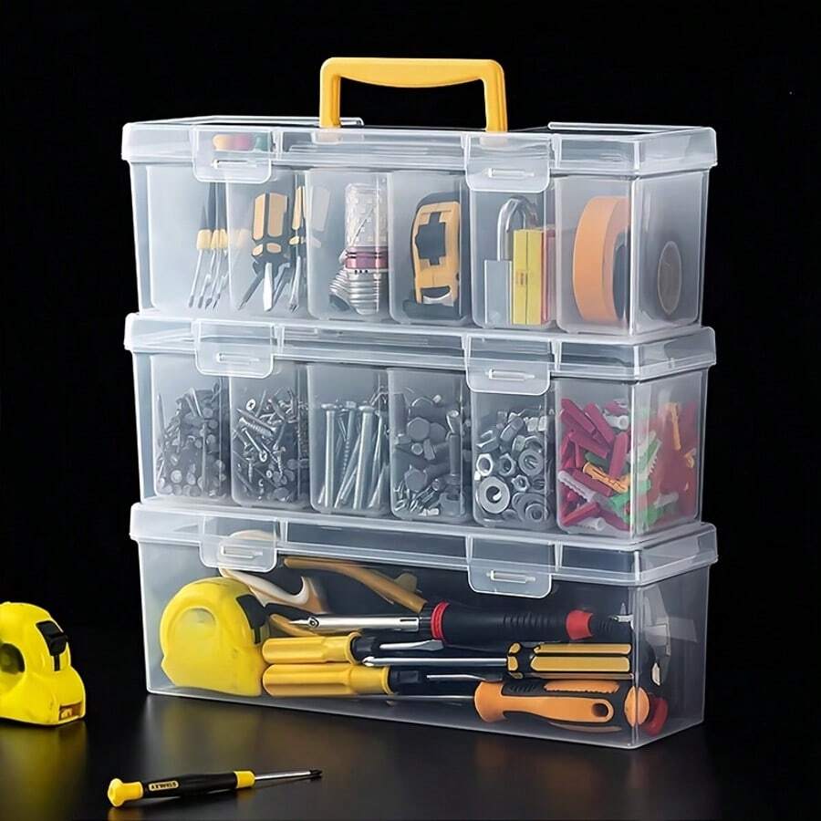 Bộ hộp đựng dụng cụ được thiết kế đặc biệt để sắp xếp dụng cụ và phụ tùng, bao gồm 7 hộp đựng (6 hộp nhỏ, 1 hộp lớn), hộp đựng dụng cụ trong suốt và có thể xếp chồng lên nhau có tay cầm, hộp phân loại phụ tùng nhiều ngăn, hộp đựng đa năng dùng để đựng ốc vít/đai ốc/đinh/bu lông/phụ kiện dụng cụ câu cá/phụ tùng thủ công, hộp đựng phụ tùng đa chức năng di động dùng trong bảo trì nhà cửa/gara/bàn làm việc, hộp đựng phân loại dày dặn chống rơi và chống bụi, hộp đựng dụng cụ đa chức năng có ngăn.