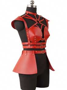 Handmade Red Leather Armor Corset For Women, Adjustable Steampunk Harness Outfit With Straps And Buckles, Gothic Fantasy Festival Costume, Cosplay Body Armor Dress, Customizable Faux Leather Fashion Statement - 紅色 - 查看 8