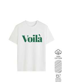 Questa maglietta girocollo in 100% puro cotone presenta una grafica audace con la scritta "Voilà". Stile francese elegante, morbida e traspirante, perfetta per appuntamenti, uscite e uso quotidiano. - Bianco - Visualizzare 3