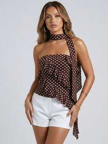 Women's Dot Print Tube Tops With Neckband Ruffle Asymmetrical Hem Summer Strapless Crop Bandeau - 深棕色 - 查看 4