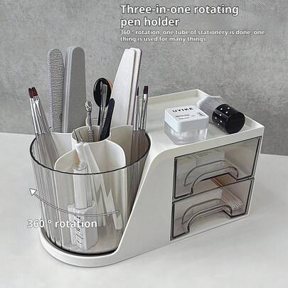 大容量旋转笔筒：ABS树脂桌面文具收纳架，360度多功能收纳