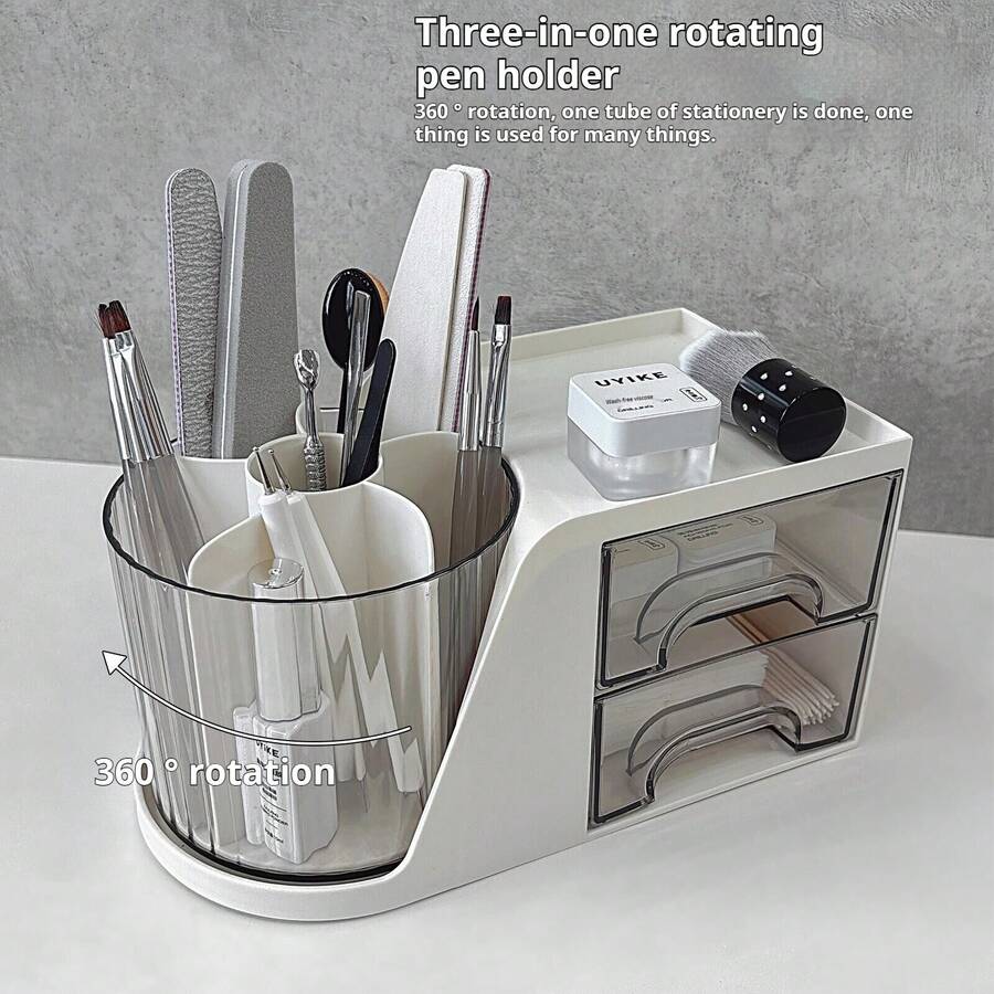 Organizador de escritorio de resina ABS con soporte giratorio de gran capacidad para artículos de papelería y almacenamiento multifuncional de 360 grados - Blanco - Ver 1
