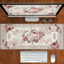 1pc Bohemian Style Floral Gaming Mouse Pad, Pink Rose And Green Leaf Design, Washable Large Extended Desk, Non-Slip Rubber Base, Suitable Office, Laptop, Large Size Mouse Pad, Office Accessories, Office Employee Exclusive - 查看 3